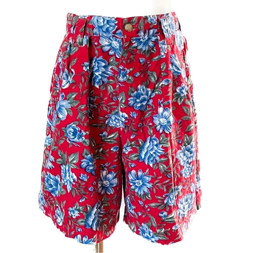 Essentials vintage floral high waist linen/cotton pleated shorts red blue size S
